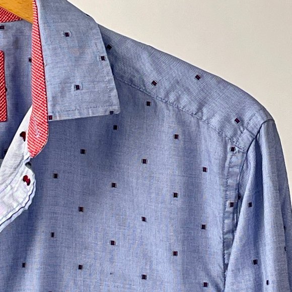 Men's Johnston & Murphy Long Sleeve Button Front Shirt Blue/Red Details, Size L - Picture 3 of 10